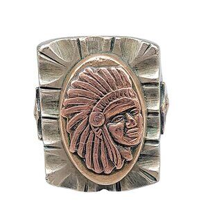 Mexican Indian Head Biker Ring Size 11 Aztec Warrior Side Decor Vintage 1960s